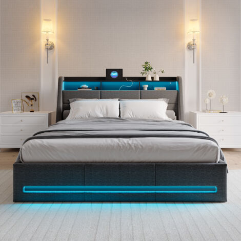 Sunfecili – Lit coffre 140x200 avec lumières LED réglables – Chargement USB – Tête de lit avec 3 compartiments de rangement – Lin gris (1/5)