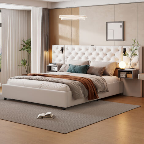 Lit coffre 140x200,lit adule 140x200,lit double capitonné,tête de lit extra longue avec rangement,liseuse,port USB,velours,beige