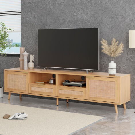 Meuble TV,meuble tele,meuble tv bois,Meuble TV à double porte et double tiroir en rotin véritable couleur chêne - 200x37x48.5cm --SUNFECILI (1/5)