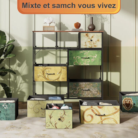 buffet,commode,9 tiroirs,Conception rétro,motif floral,Salon,salle à manger.100x30x100cm,Trépied rotatif à 360 degrés,Couleur bois --SUNFECILI (1/5)