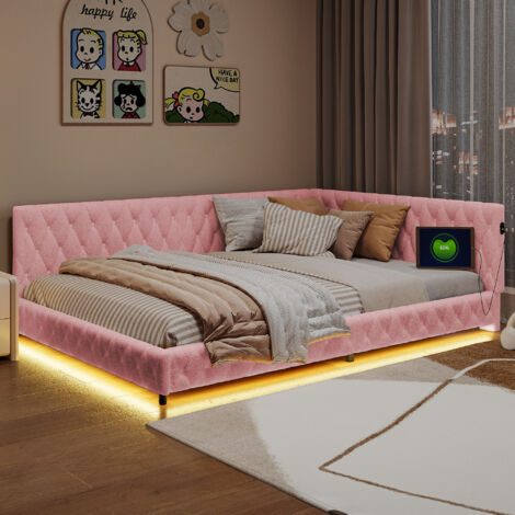 Canapé-lit 140x200,lit double 140x200,Canapé-lit,Lit rembourré LED, lumière ambiante couleurs, port USB, Rose (1/5)