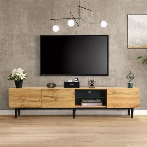Meuble tele,meuble tv chambre,avec éclairage LED, trois compartiments de rangement, MDF, naturel + noir (1/5)