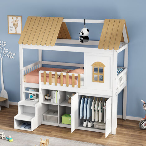 Lit superposé enfant 90 x 200,lit mezzanine 2 places,lit mezzanine escalier avec armoire,fenêtre,cadre en pin,armoire à chaussures, marches sécurisées,blanc + naturel (1/5)