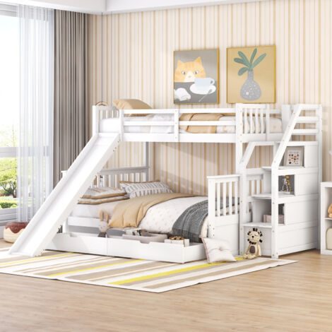 Lit superposé enfant 90 x 200 sur 140 x 200 avec tiroirs, rangement et toboggan, multifonction, Blanc --SUNFECILI (1/5)