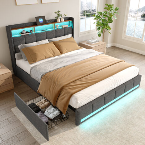 Pergar – Lit adulte 140x200 avec 4 tiroirs – Lin gris foncé – Tête de lit avec LED et chargement USB – Capacité 300 kg
