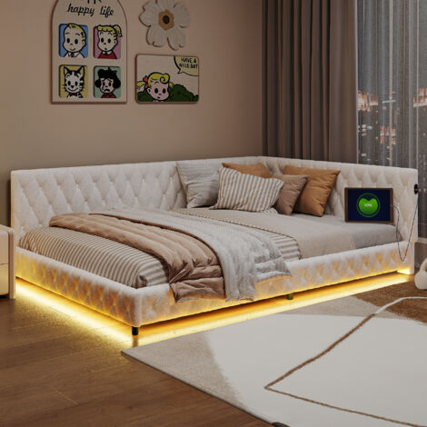 Pergar – Canapé-lit 140x200 blanc avec lumière ambiante LED – Port USB – Structure en MDF – Matériau peluche – Capacité 200 kg (1/5)