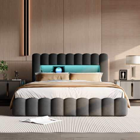 Pergar – Lit adulte 160x200 avec sommier tapissier – Rangement intégré – Matériau lin – Ports USB et LED réglables – Capacité 300 kg
