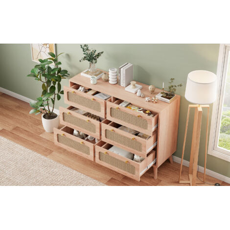 Commode 6 tiroirs en rotin naturel,Table de chevet,Meuble de rangement étroit (60x34x91 cm) avec sécurité enfant, pieds surélevés,Couleur bois (1/5)