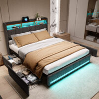 Lit 140x190,lit coffre 140x190,Lit capitonné avec rangement,4 tiroirs de rangement,LED réglable ,Chargement USB Type-C,3 compartiments de rangement,Tissu en lin gris