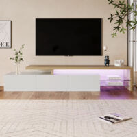Meuble tv, Meuble tele, Meuble TV Moderne – Meuble Télé Élégant avec Design en Bois, Finition Blanc Brillant, Étagères en Verre et LED, Espace de Rangement Pratique