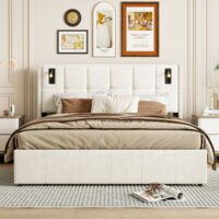 lit 140x190 avec sommier,Lit 140x190 avec rangement,Velours beige - Lampe de lecture inductive