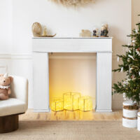 Cadre de cheminée décoratif avec rangement XL, console cheminée blanche en MDF, meuble déco avec 4 compartiments