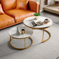 Table basse, Table basse salon, Table Basse Gigogne 2 Pièces, Table de Salon Ronde Effet Marbre avec Structure Métal Doré, Tables d’Appoint Emboîtables Gain de Place,Doré
