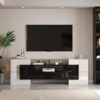 Meuble TV 200 cm brillant avec LED multicolore, meuble bas TV avec rangements 6 portes 2 tiroirs, plateau effet verre, design moderne pour salon, Black