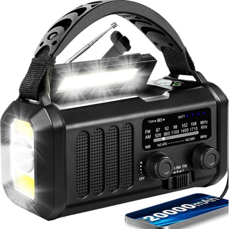 20000 mAh NOAA/AM/FM-Notfallradio mit 74000 mWh USB-/Solar-/Handkurbel-Ladefunktion, Akkubetrieb, SOS-Alarm und Taschenlampe für Notfälle im Innen- und Außenbereich, Schwarz