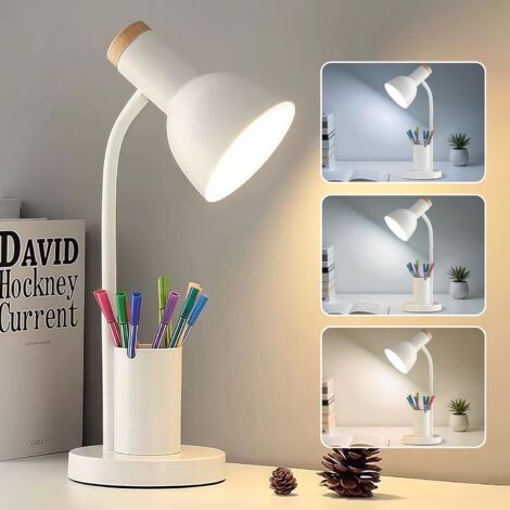 LED-Schreibtischlampe fürs Homeoffice, Tischleuchte mit Stifthalter, Leselampe mit 3 Farbmodi, Schreibtischleuchte mit flexiblem Schwanenhals, Schreibtischlampe aus Metall, weiß