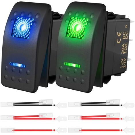 2 Stück DC 20A/12V 10A/24V SPST LED-beleuchtete Wippschalter, wasserdicht, 5-polig, Ein/Aus, mit Jumperkabeln, für UTVs, Autos, LKWs, Wohnmobile, Boote, Motorräder, Fahrzeuge, Blau/Grün