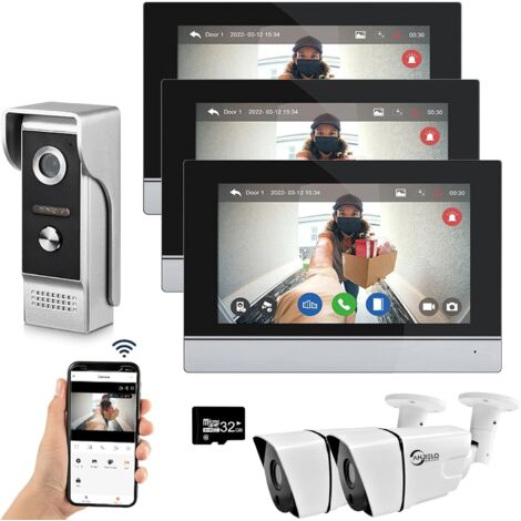 Tuya WLAN-Video-Türsprechanlage mit 7-Zoll-Touchscreen-Kamera (1080p), Türklingel und Smart-Intercom-Kit mit Tuya-App und Bewegungserkennung, inklusive 1 Türklingel, 3 Monitoren und 2 Kameras