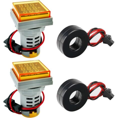 Set mit 2 dreistelligen 22-mm-Anzeigen für Wechselstrom 20–500 V, Spannung 0–100 A, Frequenz 20–70 Hz, quadratischer Kopf, LED, multifunktionales Messgerät, gelb