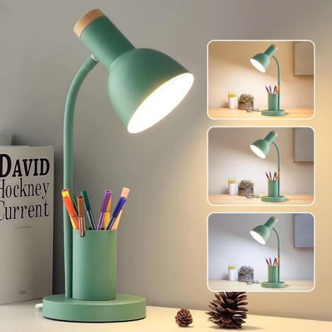 LED-Schreibtischlampe fürs Homeoffice, Tischleuchte mit Stifthalter, Leselampe mit 3 Farbmodi, Schreibtischleuchte mit flexiblem Schwanenhals, Schreibtischlampe aus Metall, grün