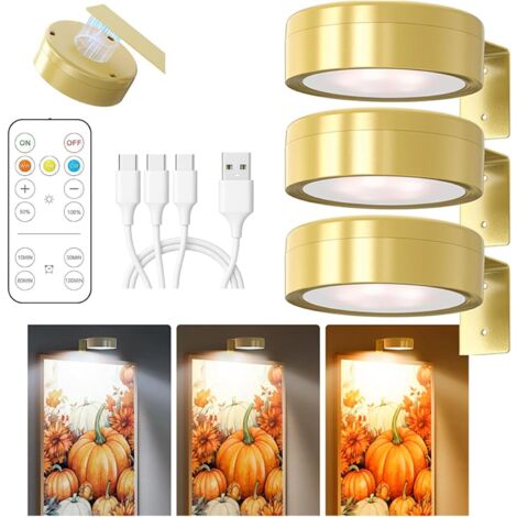 3er-Pack kabellose Bilderleuchten, wiederaufladbare kabellose Fotoleuchten mit Fernbedienung, Fotoleuchten mit 3 hellen Farben, dimmbar, magnetische LED-Malerleuchten, Gold