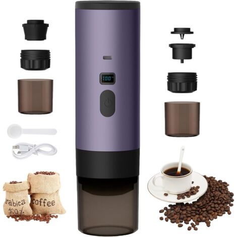 3-in-1 tragbare Kaffeemaschine, 72-Watt-Kaffeemaschine, 12-V-Akku-Espressomaschine, USB-Kapsel-Espressomaschine, 90-ml-Wassertank, für Büro, Camping, Auto, Reisen, Lila