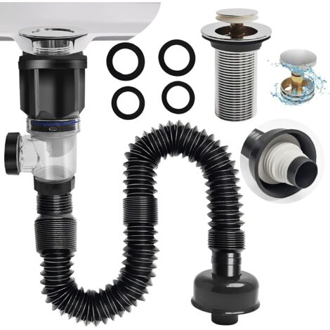 Abflussrohr-Set für Waschbecken, Pop-up-Abflussstopfen, flexibler Siphon-Abflussschlauch, geeignet für Abflüsse mit 1-1/4" und 1-1/2", schwarz