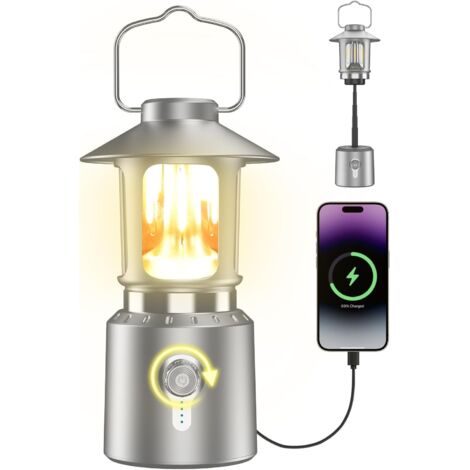 Klassische LED-Campinglaterne im Retro-Stil, wiederaufladbar, stufenlos dimmbar, 3 Lichtmodi (2000K–6500K), 8000-mAh-Powerbank, helle Hängeleuchte für Zelte, Silber