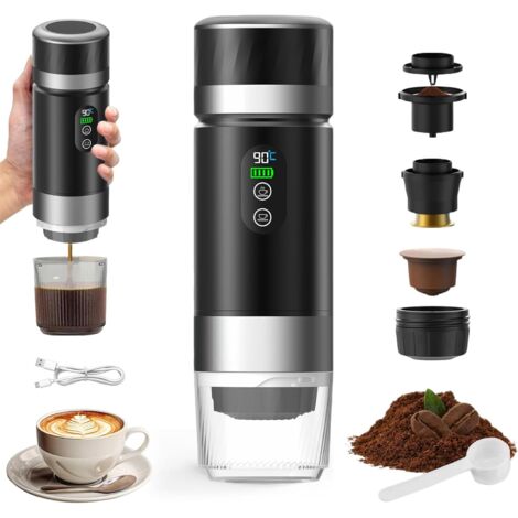 Tragbare Kaffeemaschine,3in1elektrische Espressomaschine mit Heizfunktion,12V wiederaufladbare Espressomaschine,Reisen und Zuhause,kompatibel mit Espressokapseln und gemahlenem Kaffee, Schwarz