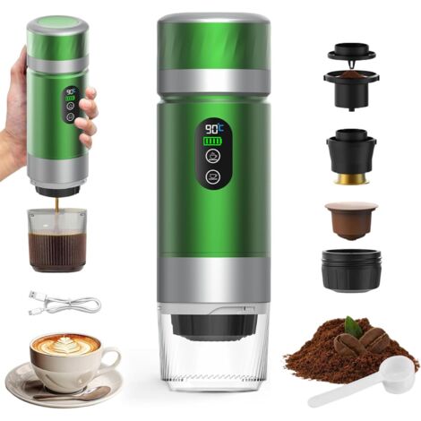 Tragbare Kaffeemaschine,3in1elektrische Espressomaschine mit Heizfunktion,12V wiederaufladbare Espressomaschine,Reisen und Zuhause,kompatibel mit Espressokapseln und gemahlenem Kaffee, Grün