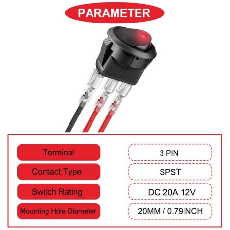16pcs Round Rocker Switch Red LED 12V 20A 3-Pin Wired LED Light Power ...