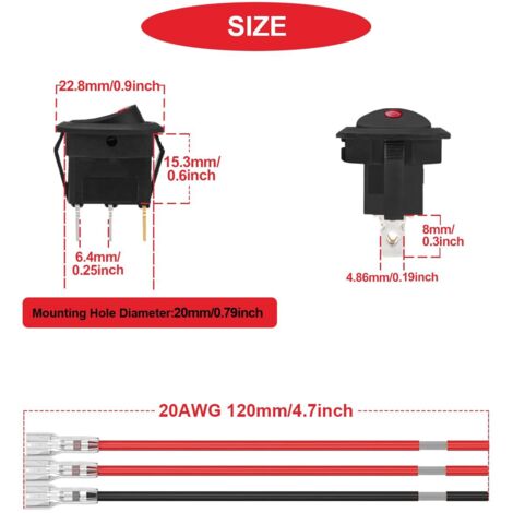 16pcs Round Rocker Switch Red LED 12V 20A 3-Pin Wired LED Light Power ...