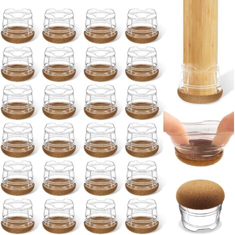 Protection Pied de Chaise 24 Pièces,Patins pour Chaises en Silicone avec Feutre épaissi,pour sols en Bois Dur et carrelage, Reduire Le Bruit éviter Les Rayures - Rond Transparent M(26-30mm) (1/5)
