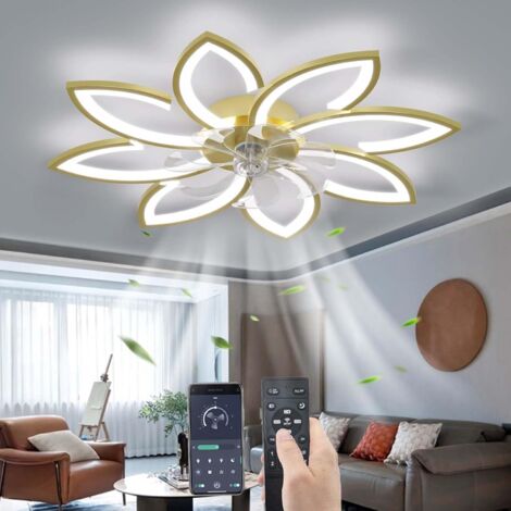 Sourdine Ventilateur de Plafond avec lumière avec télécommande, LED Dimmable Lampe de Plafond Moderne Ventilateur de Plafond pour Salon Chambre à Coucher, Réglable 6 Vitesses, Or 90CM