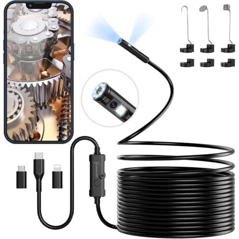 Camera Endoscopique Double Objectif 1920P HD, Camera Inspection Canalisation Étanche IP67 avec 8+1 LED, 5M Câble Semi-Rigide, Compatible Android/iOS, pour Égouts et Tuyaux