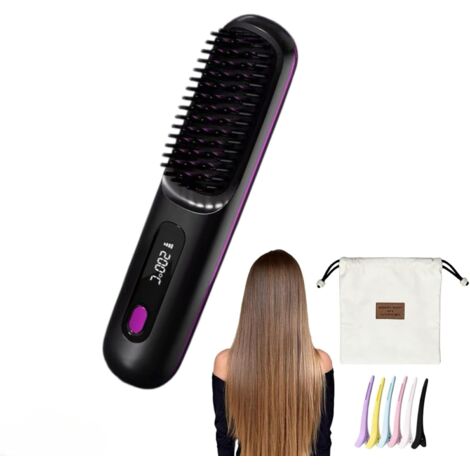 Brosse Cocoony pour Cheveux Courts Brosse Lissante Rechargeable Portable, Design Durable, avec Affichage LCD, Réglage de la température en 3 étapes,Pour Coiffage Quotidien & Voyage (Noir)