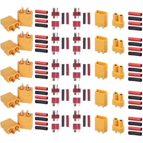 5 Pairs XT60 Male Female Bullet Connectors, 5-Pairs XT-30 Connecteurs de Balle pour Voiture RC/Bateau/Batterie LiPo, 5Pairs T-Plug Connecteurs Deans Style et 60Pcs Shrink Tubing (1/5)