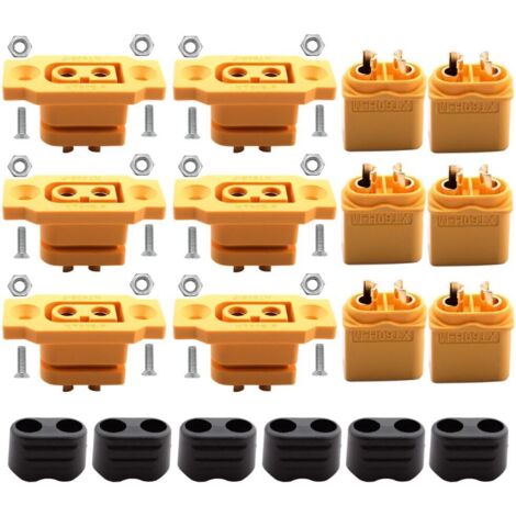 Lot de 6 Paires Connecteurs Encastrables XT60BE-F + fiche XT60H avec Capuchon en Caoutchouc et vis pour Batterie Lipo XT-60 - Connecteurs dorés - Protégés Contre la poussière et l'eau (1/5)