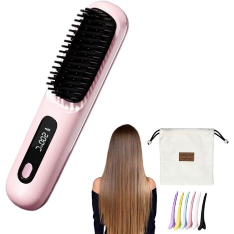 Brosse Cocoony pour Cheveux Courts Brosse Lissante Rechargeable Portable, Design Durable, avec Affichage LCD, Réglage de la température en 3 étapes,Pour Coiffage Quotidien & Voyage (Rose)