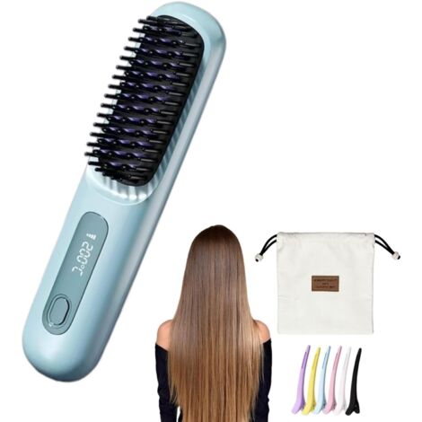 Brosse Cocoony pour Cheveux Courts Brosse Lissante Rechargeable Portable, Design Durable, avec Affichage LCD, Réglage de la température en 3 étapes,Pour Coiffage Quotidien & Voyage (Bleu)