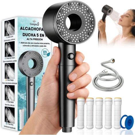 Pommeau de douche avec filtre - Pommeau de douche haute pression avec flexible de 1,5 m - 5 filtres anticalcaire et PTFE - 5 modes de jet, améliore la qualité de l'eau, économies d'eau - Sans BPA (1/5)