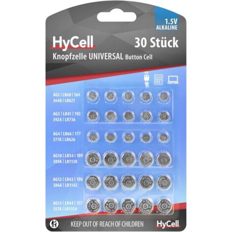Jeu de piles bouton 30 pièces AG 1, AG 3, AG 4, AG 10, AG 12, AG 13 – Alcaline 1.5V – Compatibles montres, télécommandes et appareils photo – Hycell Gmbh - S193701