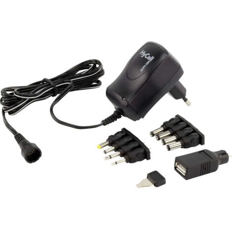Bloc d’alimentation standard 3-12 V – Courant 300mA – Puissance 3,6 W – Résistant aux courts-circuits – Inclus : embouts jack et USB – Hycell (1/4)