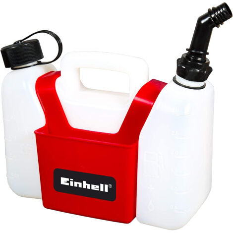 Einhell – Bidon combiné pour tronçonneuse – 2 réservoirs 1,25L huile et 3L essence – Bouchons sécurité enfant – Bec verseur pour remplissage facile (1/4)