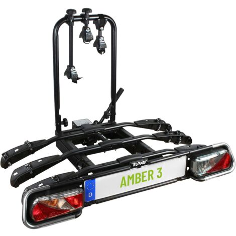 Eufab – Porte-vélos plateforme basculante 3 vélos – Fixation rapide sur attelage – Antivol intégré – Rails en acier avec bloque-roues réglables