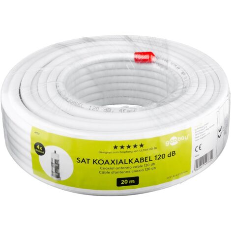 goobay 120 dB câble d’antenne coaxial Quattro, 4x blindé, CCS, 20 m, blanc, pour installations de câbles SAT numériques et à large bande (49761)