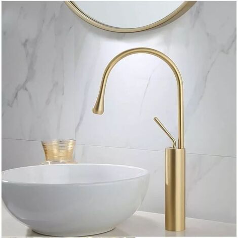 Waschbeckenarmatur mit Wasserfallfunktion in gebürstetem Gold, Badezimmerarmatur mit Warm- und Kaltwasseranschluss, hohe Waschbeckenarmatur mit Wasserfallfunktion, Gold