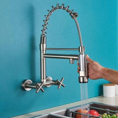 Wandmontierte Küchenarmatur mit ausziehbarem Brausekopf, 360° drehbare Spültischarmatur mit 3 Strahlarten, Einhebel-Küchenarmatur für Warm- und Kaltwasser, erhältlich in Edelstahl.