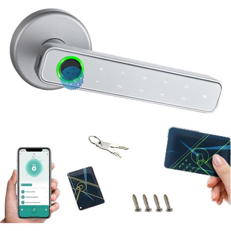 Biometrisches Schloss, Smart Lock, Fingerabdruckschloss, 9 in 1, mit Touch-Tastatur und Smart-Funktionen, geeignet für Haustüren, Wohnungen, Büros, (Silber)