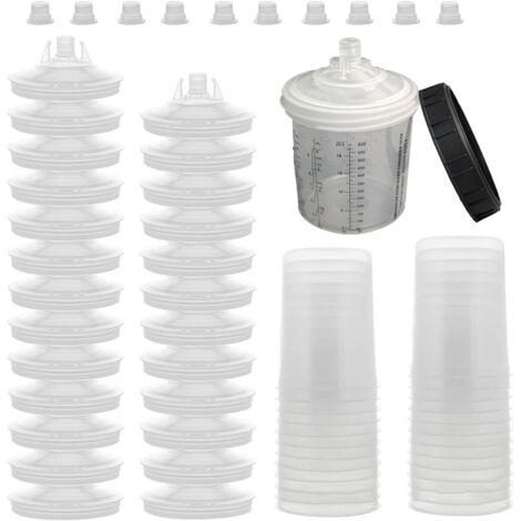 600-ml-Einweg-Farbbecher-Set für HVLP- und LVLP-Spritzpistolen, Farbmischbecher-Set inklusive 30 Filtern, 30 Bechern und Deckeln, 10 Kappen und 2 Becheradaptern